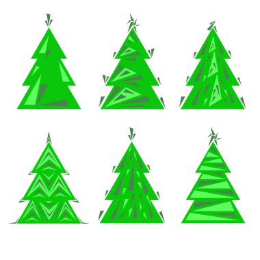 Yeşil Noel ağacı seti. Tatil silueti elementleri beyaza izole edilmiş. Basit minimalist stil, iç mekan, kartpostal, ambalaj kağıdı. Geometrik üçgen logo noel ağacı.