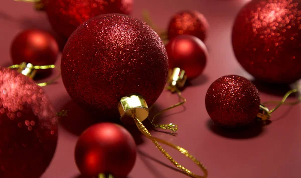Christmas Red Balls Baubles Isolated Red Background Flat Lay Copy — Stock Photo, Image
