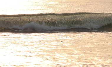 Okyanus dalgaları gün batımında sahilde dalgalanır..