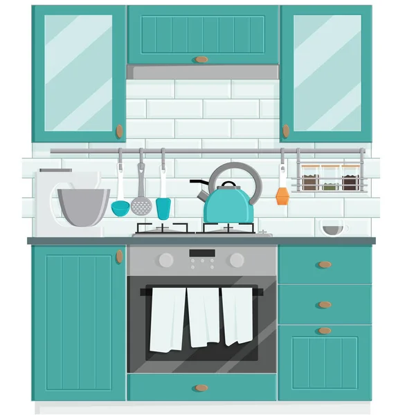 舒适的现代厨房概念与厨房用具 厨房设置在翡翠和灰色的内部与舒适的厨房用具 煤气炉 食品加工机 一杯茶和玻璃瓶的平面风格 概念室内设计 — 图库矢量图片