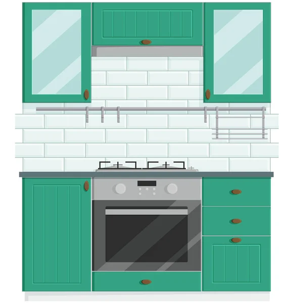Gemütliches Modernes Saftgrünes Küchenkonzept Küche Mit Gasherd Und Backofen Und — Stockvektor
