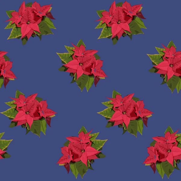 Квіти Пойнсетії Різдвяної Зірки Безшовні Синьому Фоні Векторна Ілюстрація Пласкому — стоковий вектор