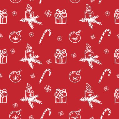 Kırmızı arka planda şirin beyaz karalamalar var. İzole vektör çizimi. Noel hediyesi kağıdı. Yeni yıl havası. Kış dekorasyonu. Mum, balo, kar taneleri, Noel hediyesi, şeker.