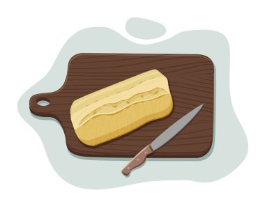Loaf of fresh bread on a wooden cutting board with a knife. Vector isolated illustration in a realistic flat style. For postcards, labels, design, banner, advertising