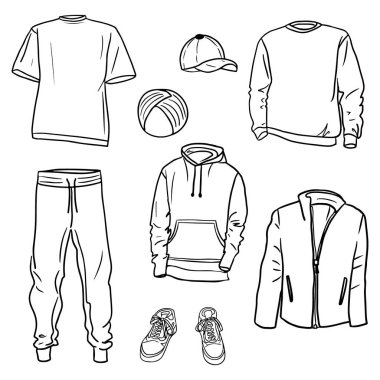 Hand drawn set of men s sportswear sketches. Hoodie, sweatshirt, joggers, t shirts, sport coat, sneakers, cap and turban. Vector isolated outline sketch collection on white background