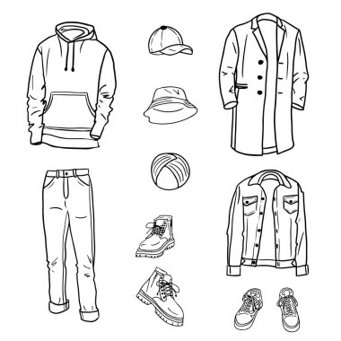 Hand drawn set of men s casual clothes sketches. Hoodie, jeans, topcoat, jacket, sneakers, boots, cap, panama hat and turban. Vector isolated outline sketch collection on white background