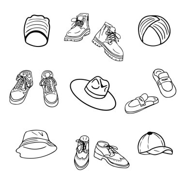 Hand drawn set of men s shoes and hats sketches. Beanie, hat, panama hat, cap, turban, shoes, muli shoes, sneackers and boots. Vector isolated outline sketch collection on white background