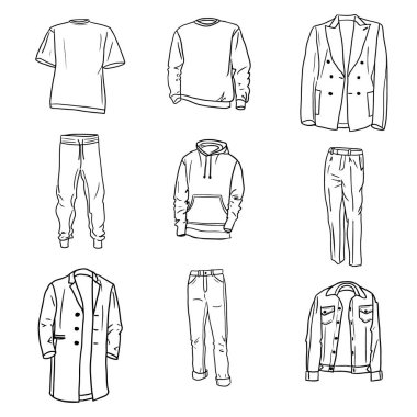 Big hand drawn set of men s everyday clothes sketches. Hoodie, jeans, joggers, trousers, t shirt, sweatshirt, topcoat, jacket and jeans jacket. Vector isolated outline sketch collection on white background