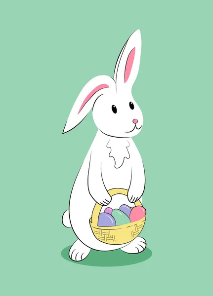 Biały Królik Wielkanocny Kolorowymi Jajkami Izolowana Ilustracja Pastelowym Zielonym Tle — Wektor stockowy