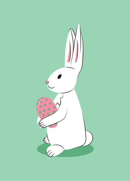 白の居心地の良いイースターウサギは ピンクの卵をパイに飾りました パステルグリーンの背景に孤立したイラスト 漫画の休日のベクトルキャラクター — ストックベクタ
