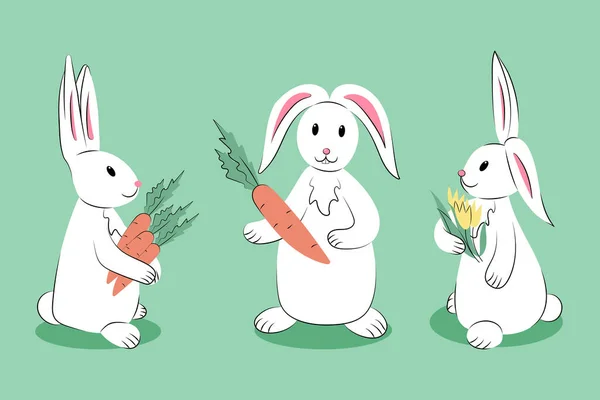 Niedliche Weiße Kaninchen Mit Karotten Und Tulpen Pfoten Vereinzelte Illustration — Stockvektor