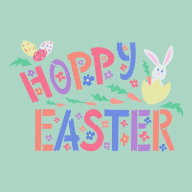 Cutout childish art typographic poster with sign Hoppy Easter with spring related elements. Word playing with hop and happy. Great for poster, card, cover, background, t-shirt design, textile print clipart