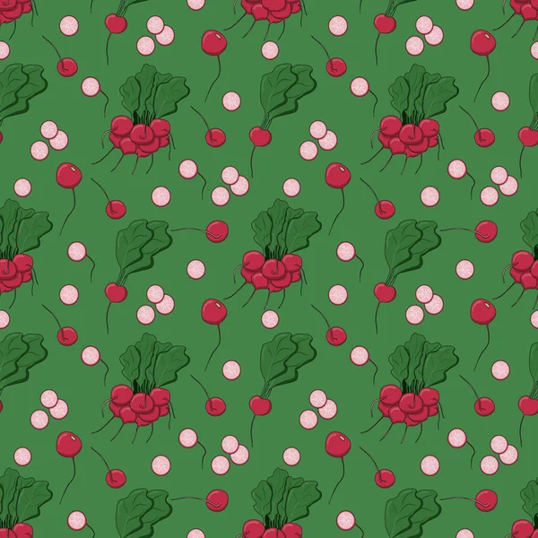 Яркий Весенний Розовый Редис Современный Бесшовный Узор Зеленом Фоне Векторная — стоковый вектор