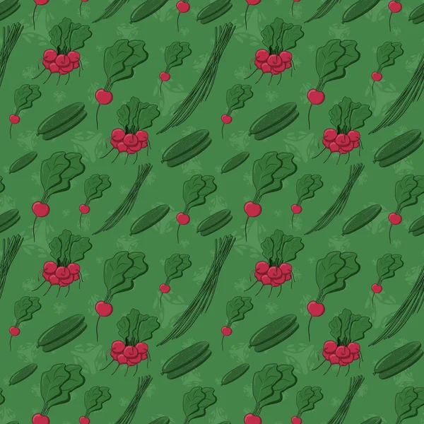 Vibrant Motif Végétalien Contemporain Sans Couture Concombres Radis Oignons Printemps — Image vectorielle