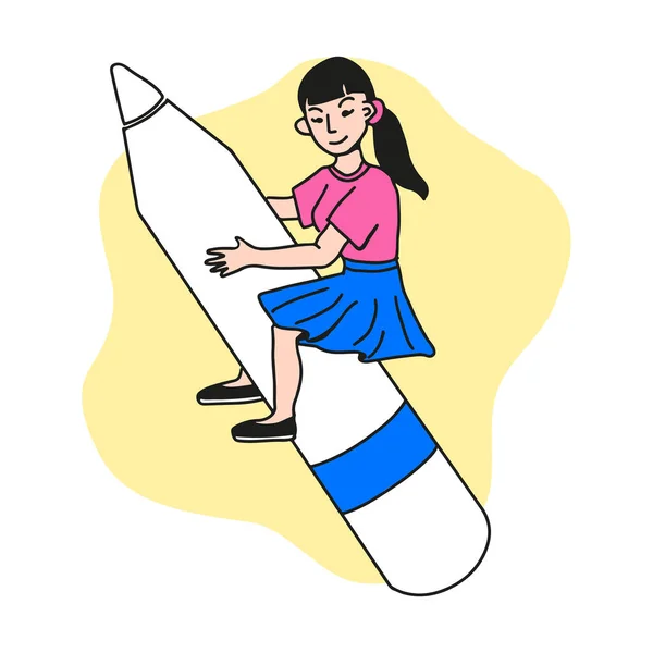Kühne Handgezeichnete Illustration Mit Übertrieben Stehendem Bleistift Und Einer Asiatischen — Stockvektor
