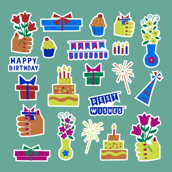 Papercut Style Set Stickers Birthday Cupcakes Cream Hands Gift Box — Stock Vector
