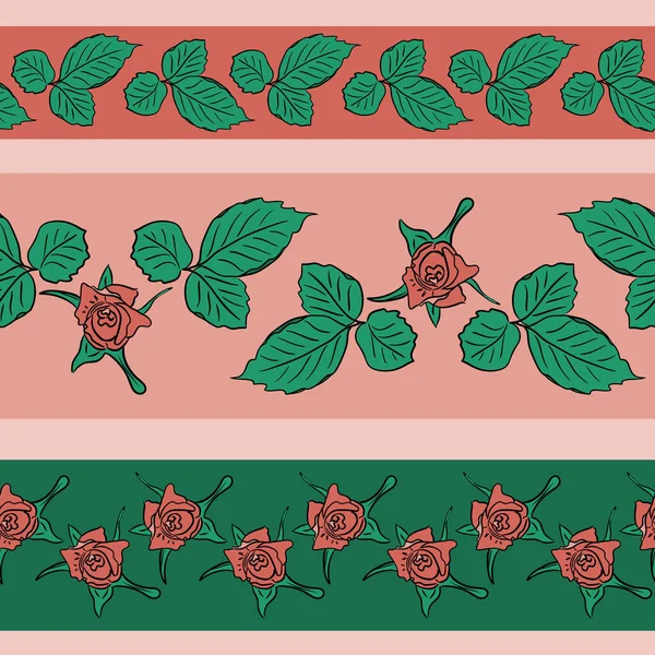 Набір Трьох Рук Намальованих Безшовних Кордонів Трояндами Листям Векторні Плоскі — стоковий вектор