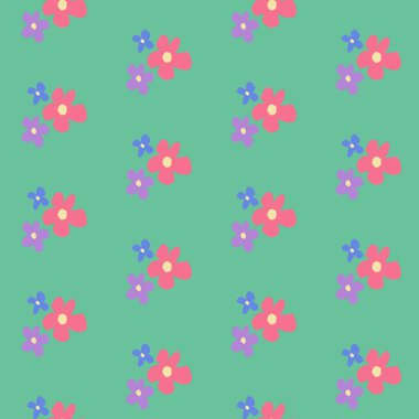 Çiçeksiz çocuksu vektör deseni. Pastel çiçekleri yeşil arka planda düz kağıt işçiliği tarzında. Çocuklar için tekstil, kumaş, duvar kağıdı, ambalaj kağıdı, arka plan, iç dekorasyon