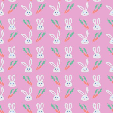 Tavşan ve havuçlu, çocuksu kağıt kesikleri. Pembe arka planda beyaz, düz tavşan çizimi. Çocuklar için tekstil, duvar kağıdı, ambalaj kağıdı, arka plan, iç dekorasyon için ideal