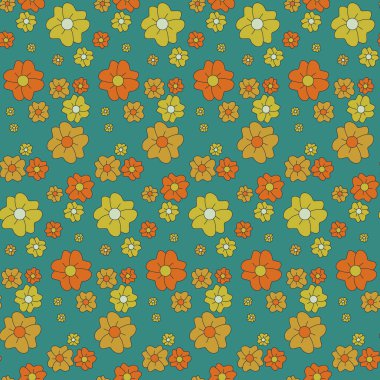 Nostaljik karikatür, çiçeksiz desen. Yeşil arka planda düz şekilli eşsiz el çizimi vektör çiçekleri. Kumaş, duvar kağıdı, ambalaj kağıdı, arka plan, iç dekorasyon, çocuk tekstili için mükemmel.