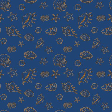 Vektör, deniz kabukları ve deniz yıldızlarıyla izole edilmiş. Mavi arka planda çizim tarzında eşsiz el mermileri çizilmiş. Duvar kağıdı, ambalaj, arkaplan, dekor, çocuk tekstili için uygun