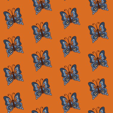 Çizgi film kelebekleri kusursuz desen. Kırmızı tuğla renginde vektör çizgisi kelebekleri. Kumaş, duvar kâğıdı, ambalaj kağıdı, arka plan, iç dekorasyon, çocuk tekstili...