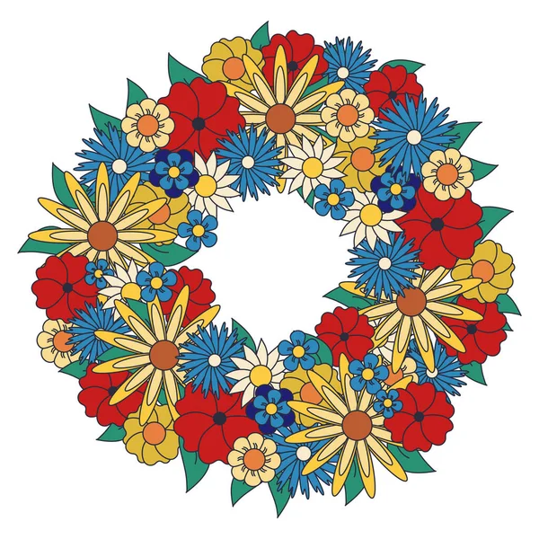 色彩斑斓的矢量在白色背景上勾勒出花朵的孤立花环 独特的卡通复古植物学设计 可用于社交媒体贴文 — 图库矢量图片