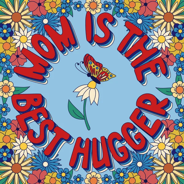 卡通复古字体作文与花的妈妈 3D标语 妈妈是最好的拥抱者 独特的矢量轮廓设计 适用于海报 T恤衫 — 图库矢量图片