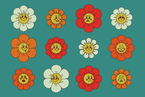 Retro Groovige Cartoon Blumen Auf Grünem Hintergrund Lustiges Emoticon Flachen — Stockvektor