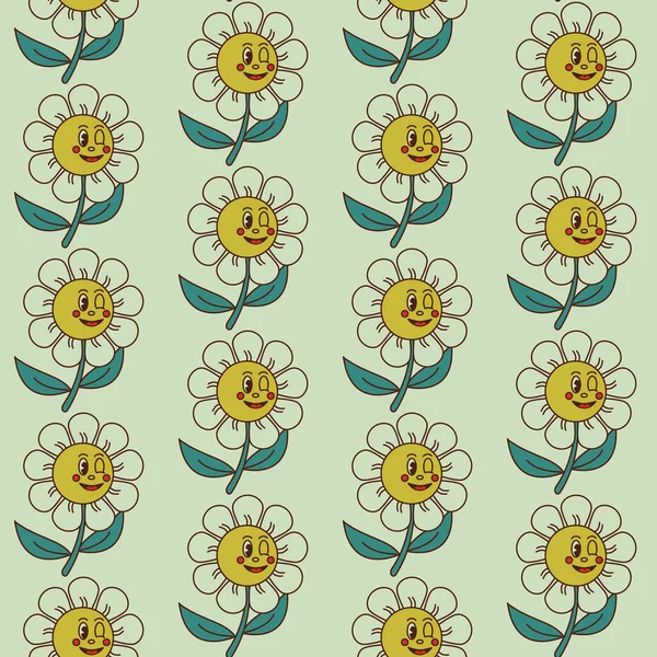 Patrón Sin Costuras Retro Groovy Con Emoticono Floral Flor Vectorial — Archivo Imágenes Vectoriales