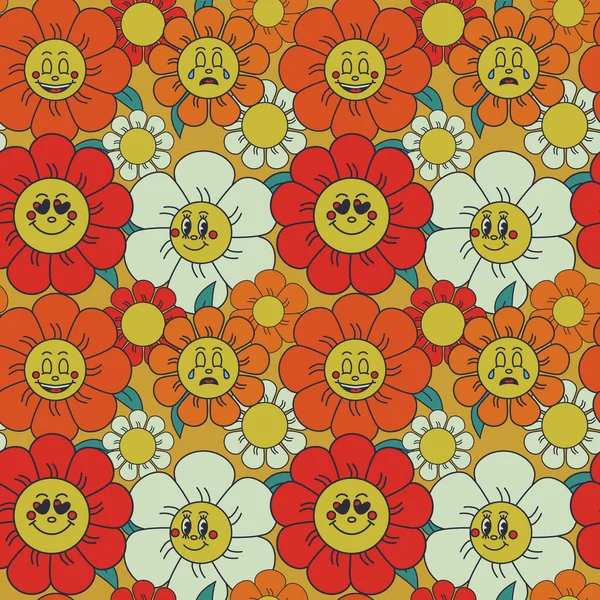 Vintage Cartoon Seamless Pattern Funny Groovy Floral Characters Flat Vector — Stock Vector