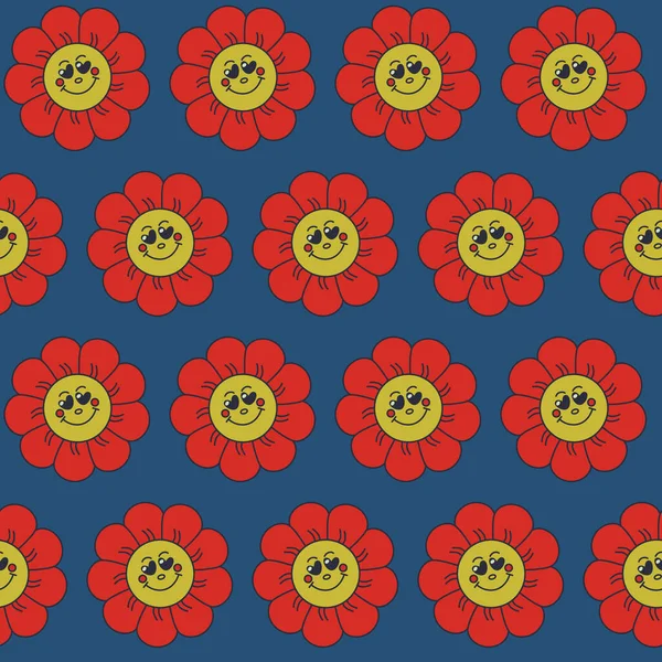 Retro Cartoon Seamless Childish Pattern Flower Blossom Love Funny Emoticon — Stock Vector