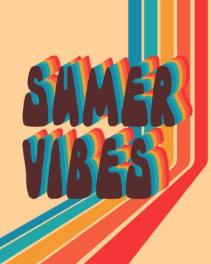 Eski moda tipografik baskı posteri. Summer Vibes 'a kalın nostaljik renklerle metin yaz. Grafik arkaplan üzerinde 3D etkisi olsun. Vektör konsepti. Poster, kart, afiş ve sosyal medya için mükemmel.