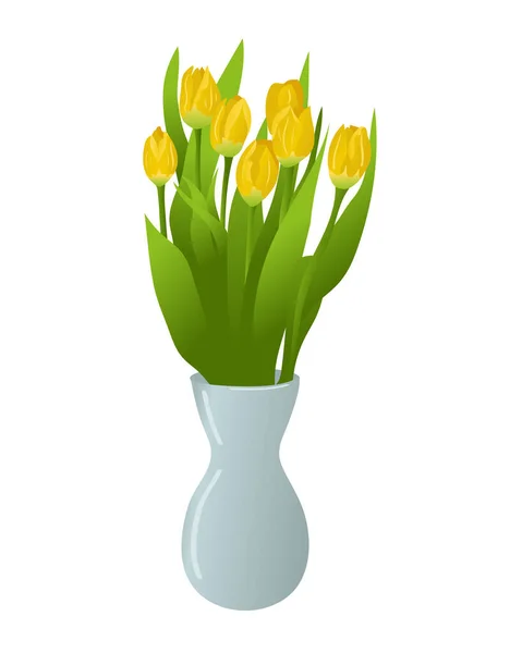 Sárga Tulipánok Vázában Elszigetelt Lapos Vektor Kompozíció Fehér Alapon Virágos — Stock Vector