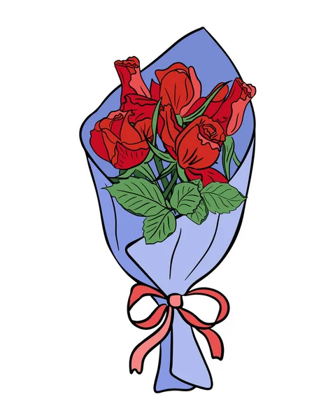 Rote Rosen Blühen Geschenkpapier Mit Schleife Umriss Flache Vektorillustration Isolierter — Stockvektor