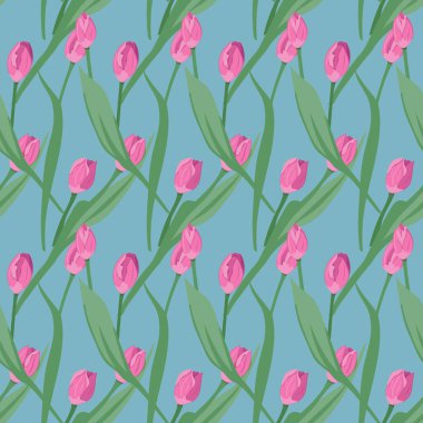 Çiçeksiz desenli pembe laleler. Mavi arka planda yaprakları olan düz vektör çiçekleri. Paket kağıdı, arkaplan, duvar kağıdı, tekstil, afiş için ideal