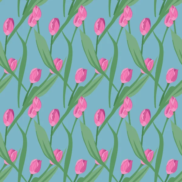 Квітковий Безшовний Візерунок Рожевими Тюльпанами Плоскі Векторні Квіти Листям Синьому — стоковий вектор