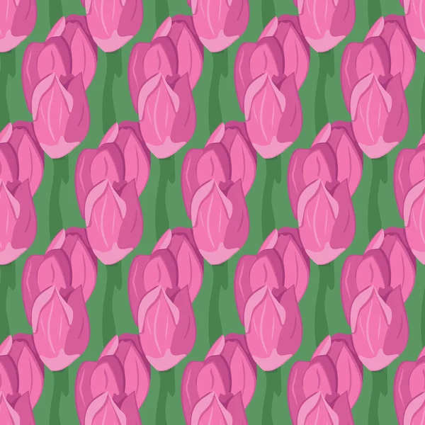 Рожеві Тюльпани Безшовний Візерунок Зеленому Тлі Плоска Векторна Голова Квітів — стоковий вектор