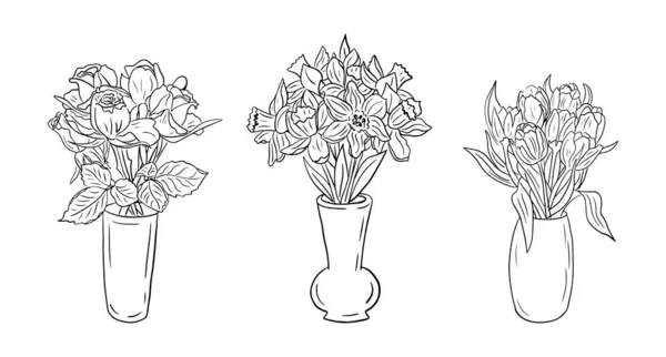 Conjunto Ramos Flores Dibujados Mano Jarrones Tulipses Narcisos Rosas Ilustración — Archivo Imágenes Vectoriales