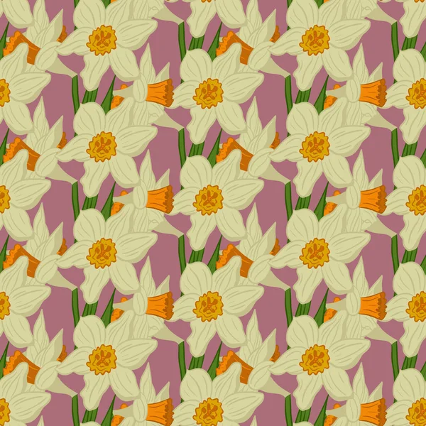 Daffodils Seamless Pattern Blooming Heads Flat Vector Flowers Purple Background — Stock Vector