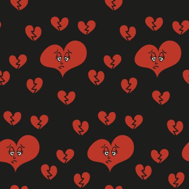 Koyu arka planda el çizimi kalp izi var. Çizgi film karakteri ve kırık kalpli düz vektör çizimi. Dekorasyon, arkaplan, tekstil, ambalaj kağıdı, yapıştırma kitabı için uygun