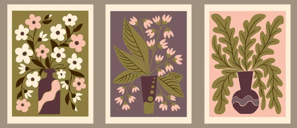 Carteles Gráficos Retro Groovy Florales Abstractos Conjunto Composición Vector Plano — Archivo Imágenes Vectoriales