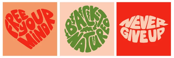 Havalı hippi harfleri seti. Geçmiş el, kalp, dudaklar ve daire şeklinde sloganlar attı. Posterler, kartlar, tişörtler, sosyal medya grafikleri için moda baskı tasarımı