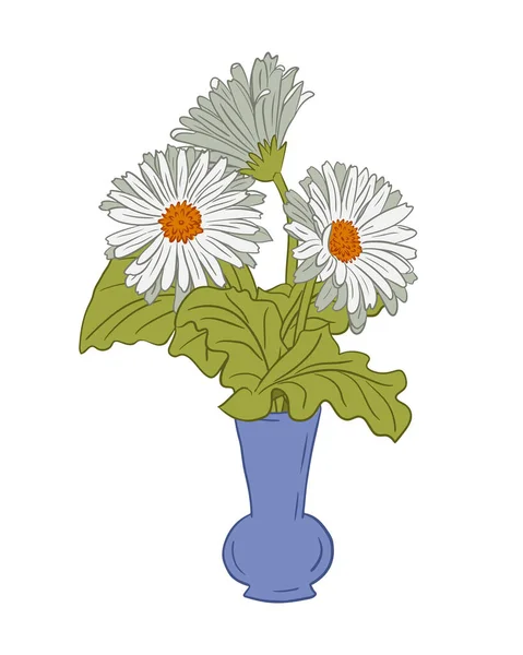 Weißer Kamillenstrauß Blauer Vase Isolierte Flache Vektorzusammensetzung Auf Weißem Hintergrund — Stockvektor