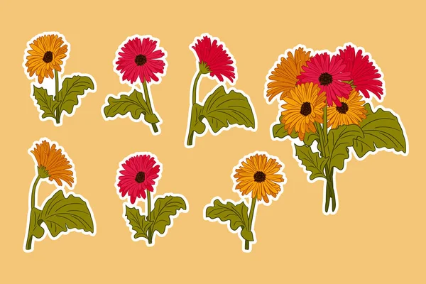 手描きのステッカーセットは ガーベラとそれらの花束を開花描かれました 黄色の背景に葉を持つベクトルフラット隔離されたガーベラのデイジーの花 ステッカー 装飾に最適 — ストックベクタ