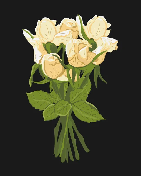 Falt Bouquet Rose Disegnate Mano Bianca Sfondo Scuro Illustrazione Isolata — Vettoriale Stock