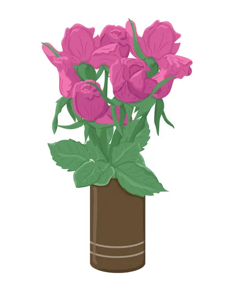 Rosa Mão Desenhada Cacho Rosas Planas Vaso Cerâmica Sobre Fundo — Vetor de Stock