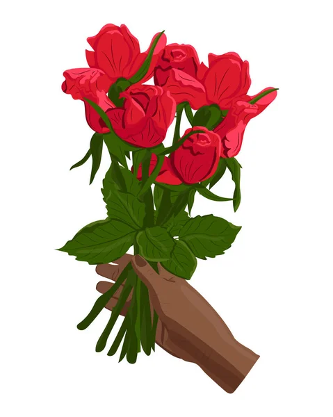 Main Plate Noire Avec Bouquet Roses Rouges Illustration Vectorielle Plate — Image vectorielle