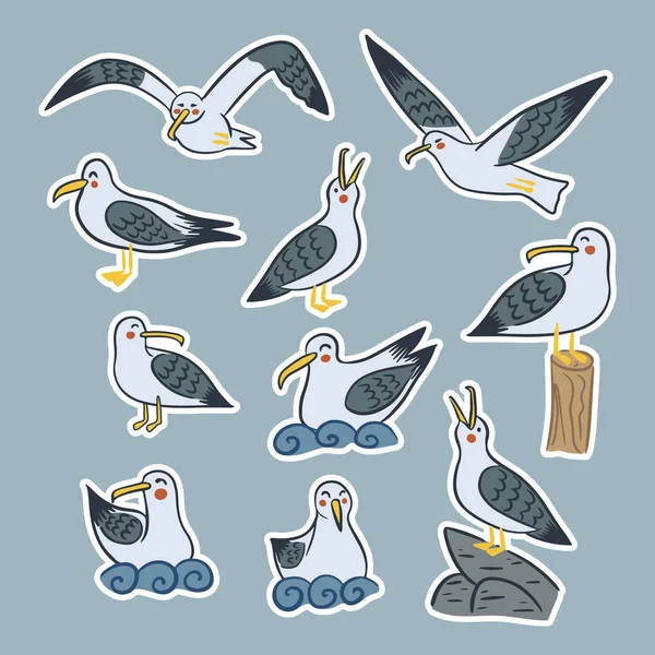 Bir grup izole martı karakteri. Uçan, ayakta duran ve yüzen deniz kuşlarının düz çizgi film çizimi. Beyaz çizgili ana hatlar. Dekorasyon için ideal, tebrik kartları, kartpostallar, çıkartmalar