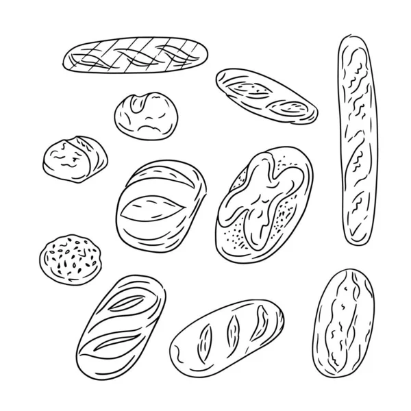 Pães Pães Linha Simples Desenhados Mão Vetor Isolado Baguetes Pães — Vetor de Stock